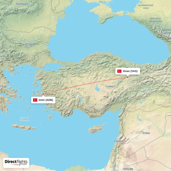 Izmir - Sivas direct flight map