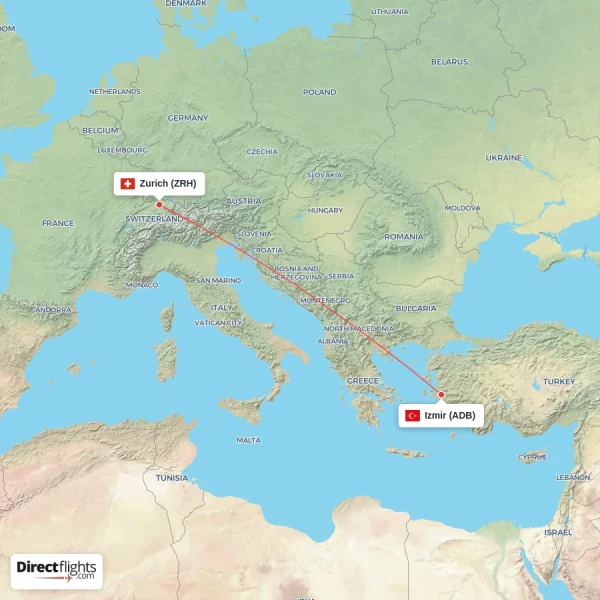 Izmir - Zurich direct flight map