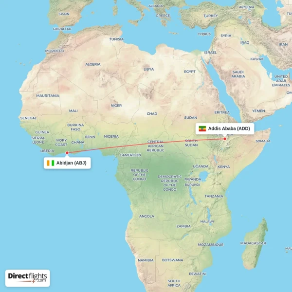 Addis Ababa - Abidjan direct flight map