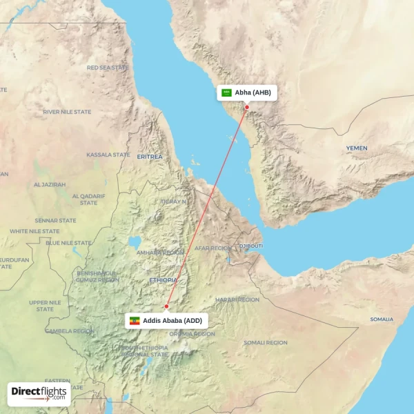Addis Ababa - Abha direct flight map