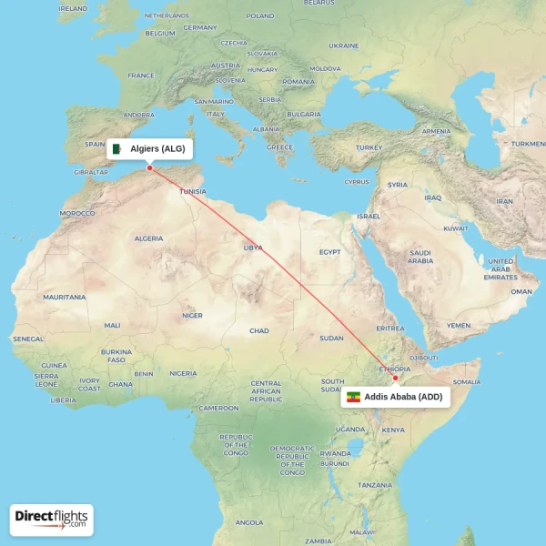 Addis Ababa - Algiers direct flight map