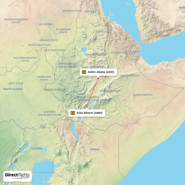 Addis Ababa - Arba Mintch direct flight map