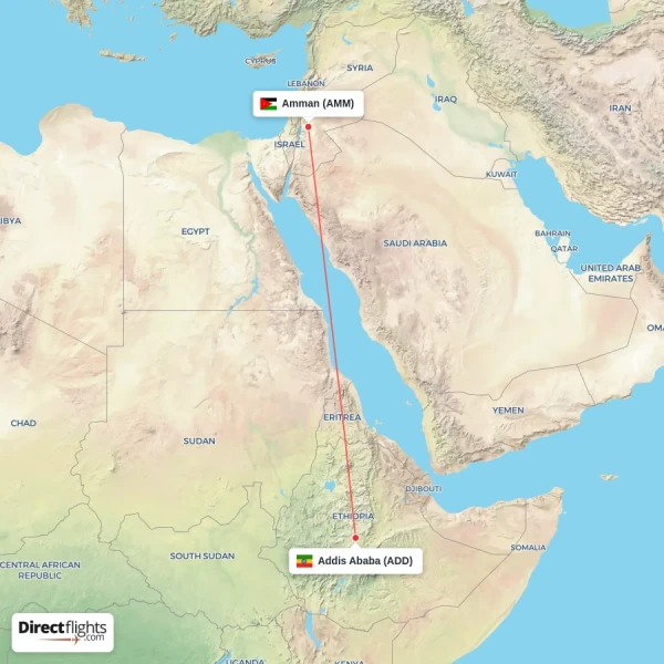 Addis Ababa - Amman direct flight map