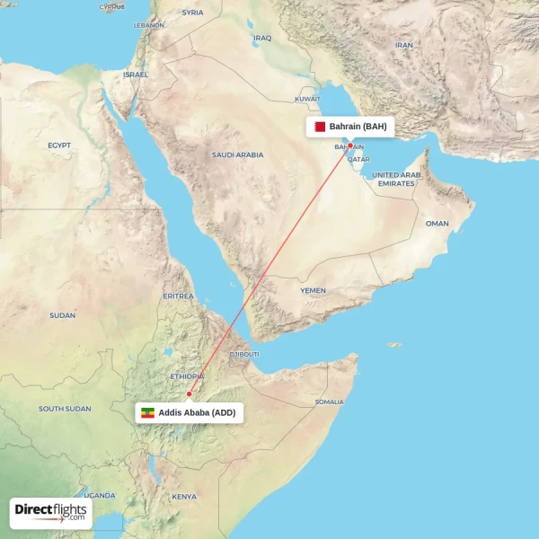 Addis Ababa - Bahrain direct flight map