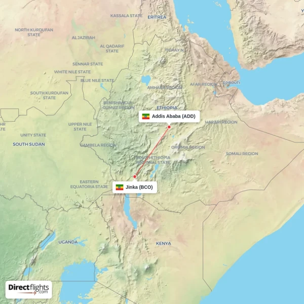 Addis Ababa - Jinka direct flight map