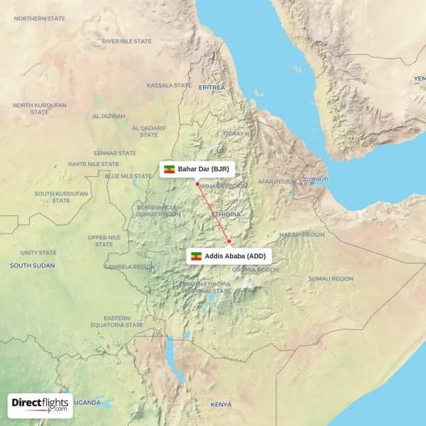 Addis Ababa - Bahar Dar direct flight map
