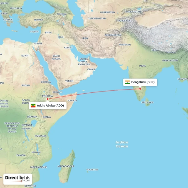 Addis Ababa - Bengaluru direct flight map