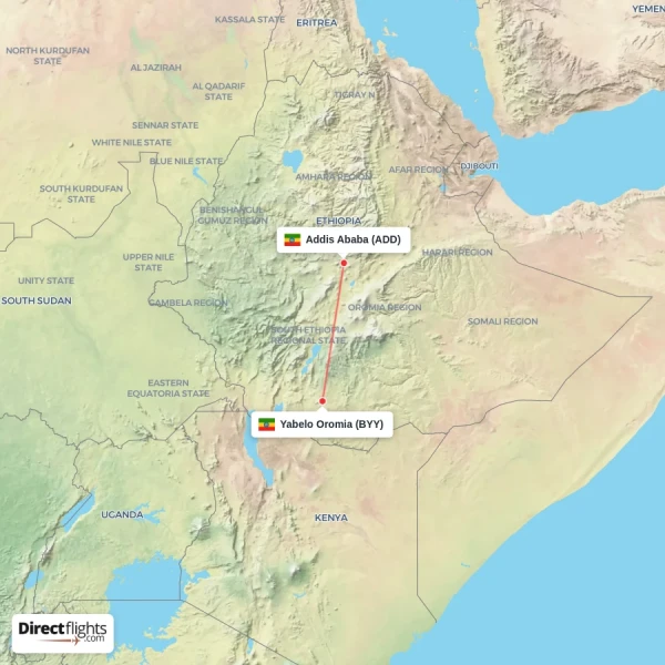 Addis Ababa - Yabelo Oromia direct flight map