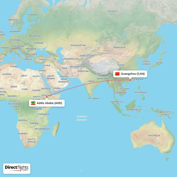 Addis Ababa - Guangzhou direct flight map
