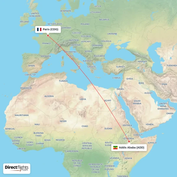 Addis Ababa - Paris direct flight map