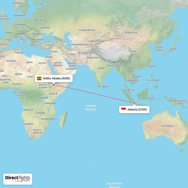 Addis Ababa - Jakarta direct flight map