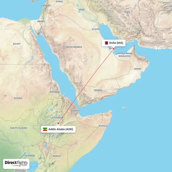 Addis Ababa - Doha direct flight map