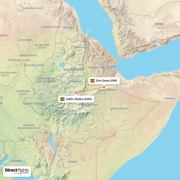 Addis Ababa - Dire Dawa direct flight map