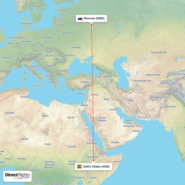 Addis Ababa - Moscow direct flight map