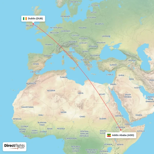 Addis Ababa - Dublin direct flight map