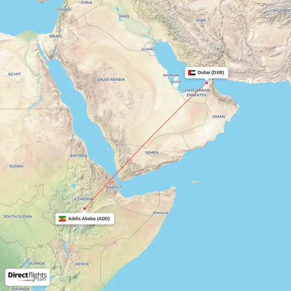 Addis Ababa - Dubai direct flight map