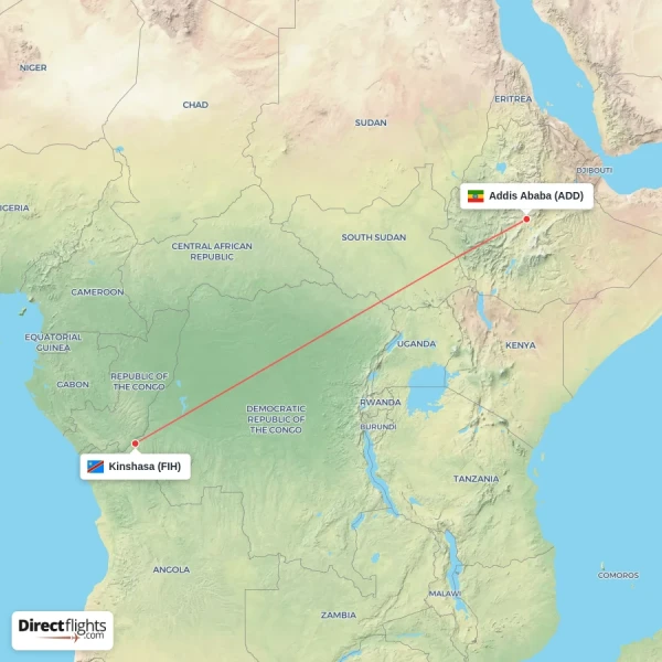 Addis Ababa - Kinshasa direct flight map