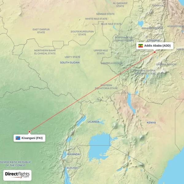 Addis Ababa - Kisangani direct flight map