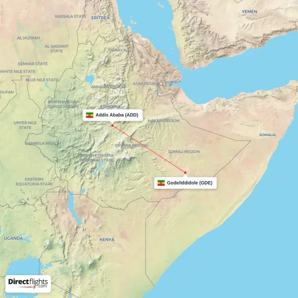 Addis Ababa - Gode/Iddidole direct flight map