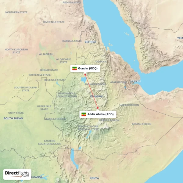 Addis Ababa - Gondar direct flight map