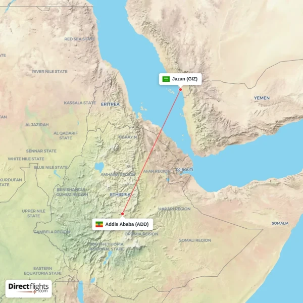 Addis Ababa - Jazan direct flight map