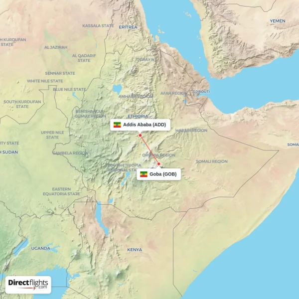Addis Ababa - Goba direct flight map