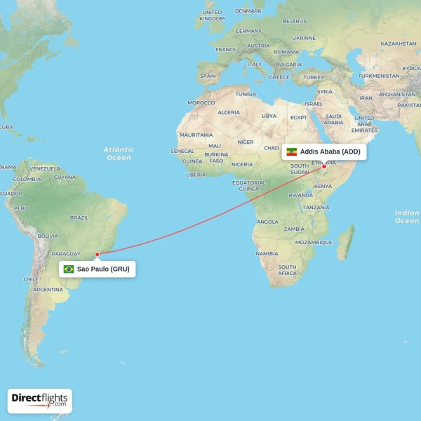 Addis Ababa - Sao Paulo direct flight map