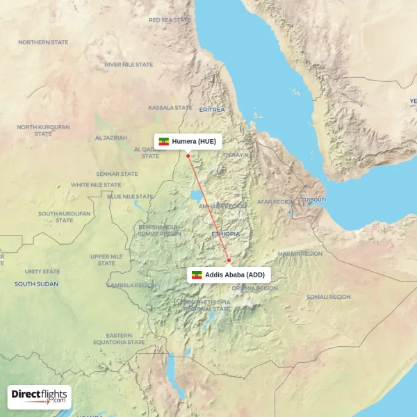 Addis Ababa - Humera direct flight map