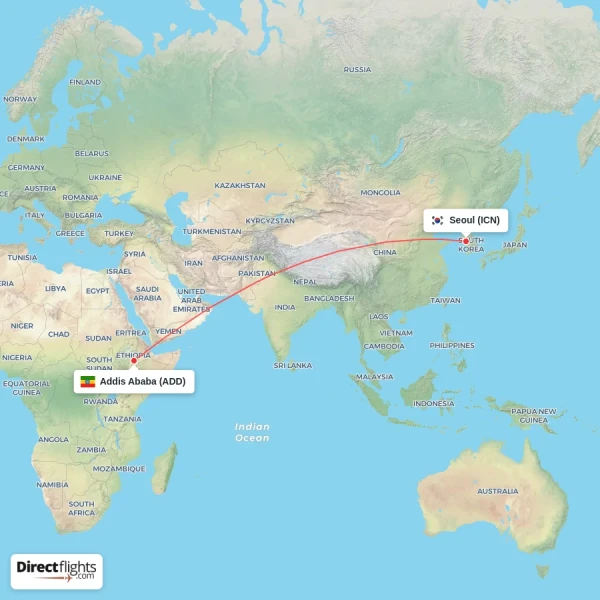 Addis Ababa - Seoul direct flight map