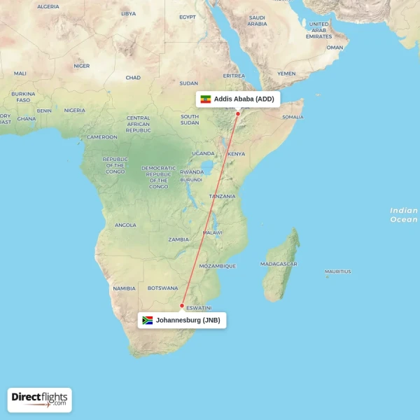 Addis Ababa - Johannesburg direct flight map