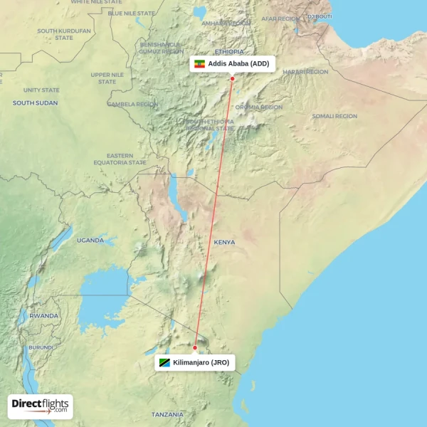 Addis Ababa - Kilimanjaro direct flight map