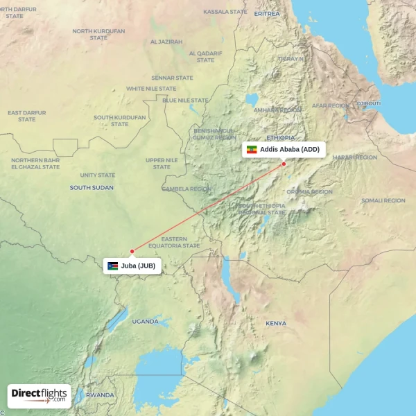 Addis Ababa - Juba direct flight map
