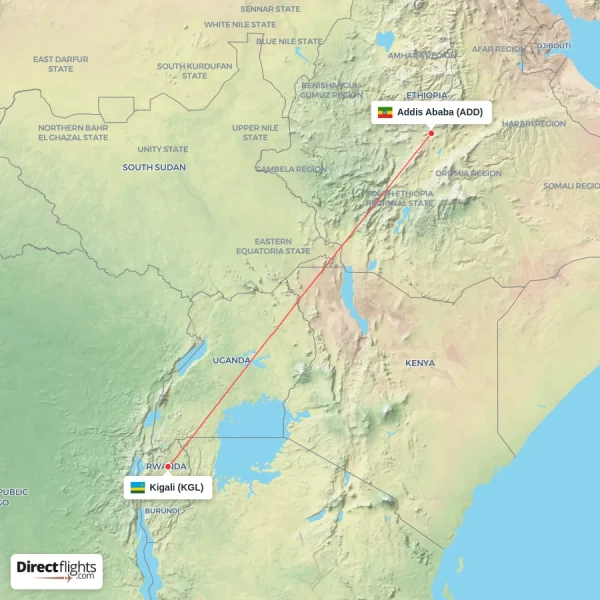 Addis Ababa - Kigali direct flight map