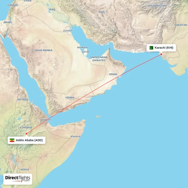 Addis Ababa - Karachi direct flight map