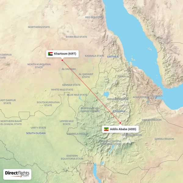 Addis Ababa - Khartoum direct flight map