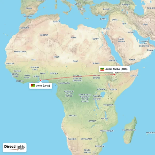 Addis Ababa - Lome direct flight map