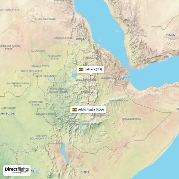 Addis Ababa - Lalibela direct flight map