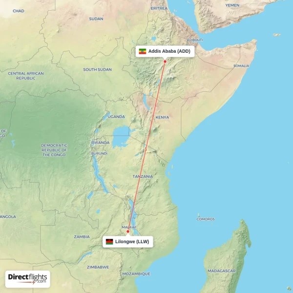 Addis Ababa - Lilongwe direct flight map