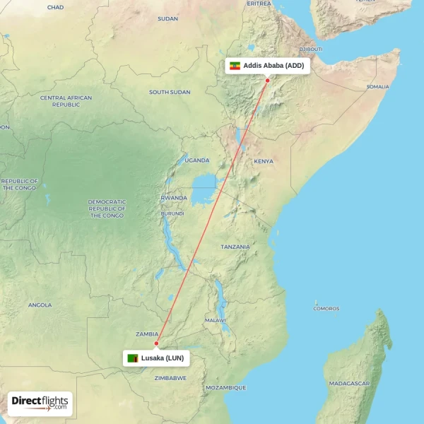 Addis Ababa - Lusaka direct flight map