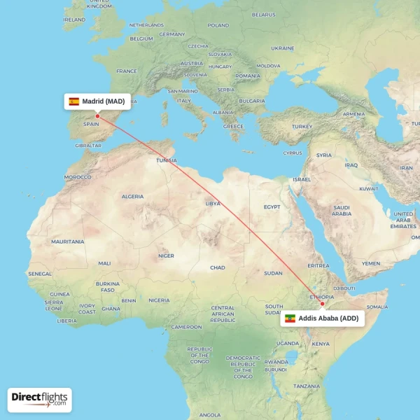 Addis Ababa - Madrid direct flight map