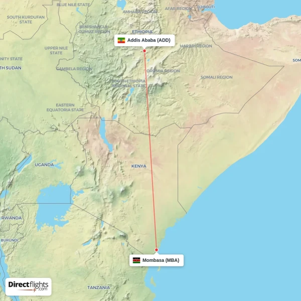 Addis Ababa - Mombasa direct flight map