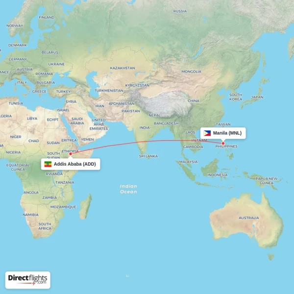 Addis Ababa - Manila direct flight map
