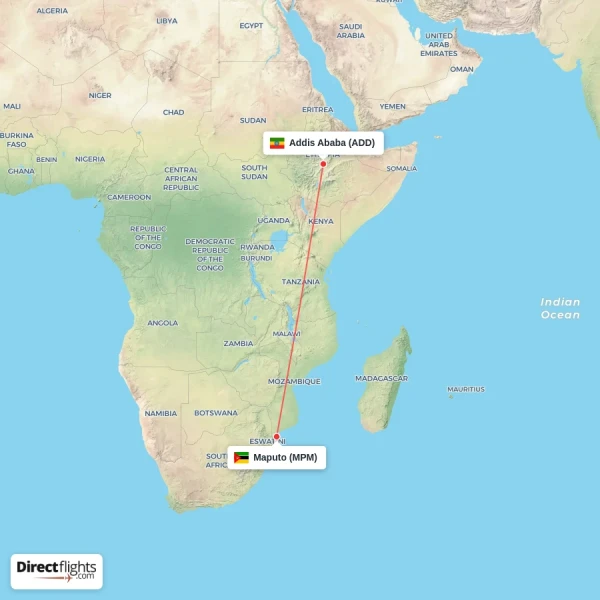Addis Ababa - Maputo direct flight map
