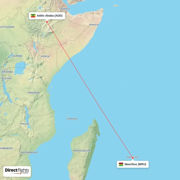 Addis Ababa - Mauritius direct flight map