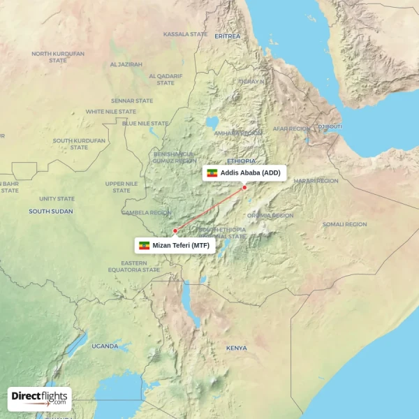 Addis Ababa - Mizan Teferi direct flight map