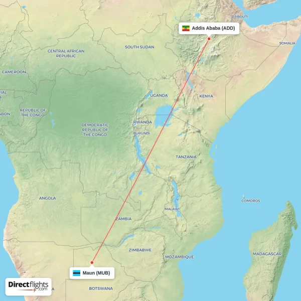 Addis Ababa - Maun direct flight map