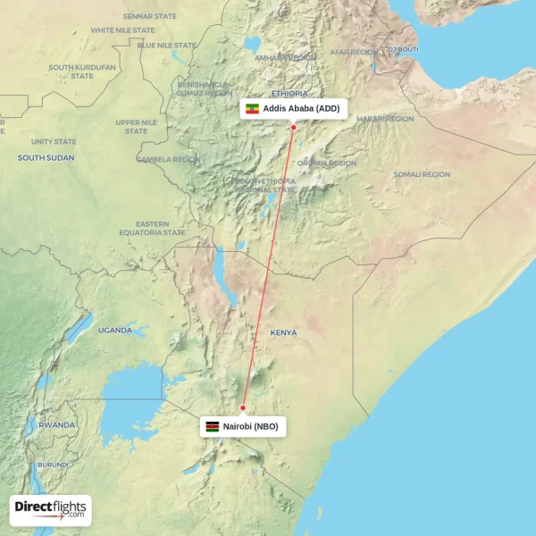 Addis Ababa - Nairobi direct flight map