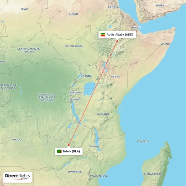 Addis Ababa - Ndola direct flight map