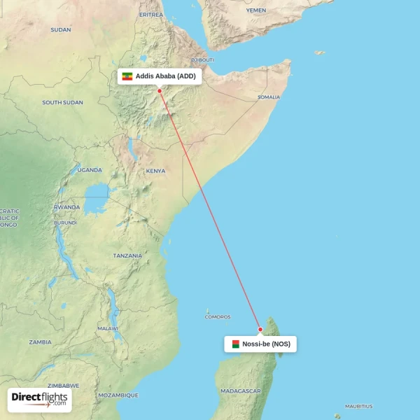 Addis Ababa - Nossi-be direct flight map