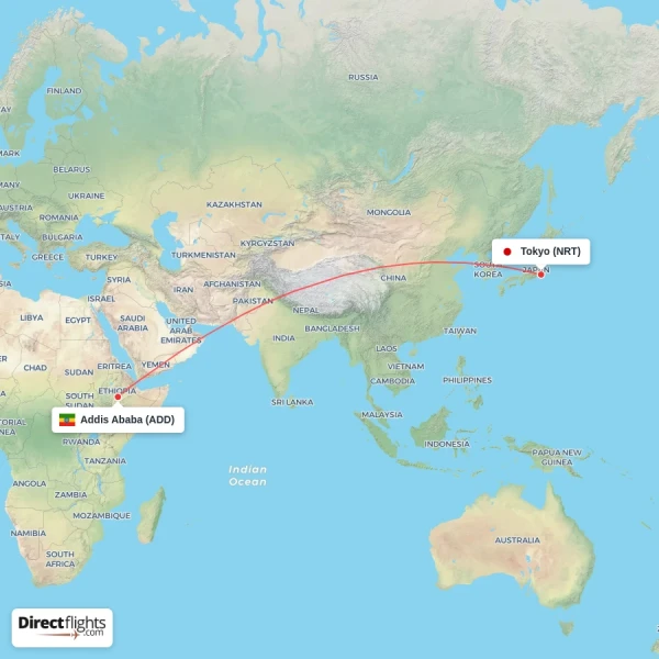 Addis Ababa - Tokyo direct flight map
